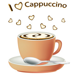 Coffee cappuccino close-up. Cup of hot coffee isolated on white background. Cappuccino in a porcelain cup. Vector illustration.