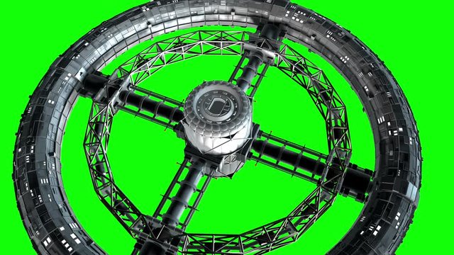 Giant sci-fi torus. Circular space station rotate on green screen, 3d animation.