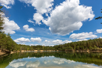Fototapeta na wymiar lake in pine forest in nice day