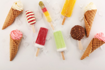 Vanilla frozen yogurt or soft ice cream in waffle cone.