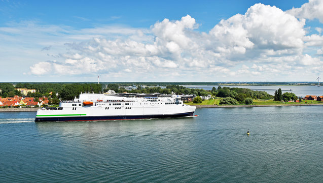 Modern ferry enters the port of Rostock. The ferry line connects the German port of Rostock with Gedser in Denmark. 