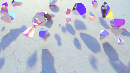Obraz na płótnie Canvas Trendy magic abstract holographic geometric crystals. Minimal quartz, stone, gems. Low poly rock background. Natural light. 3d render 