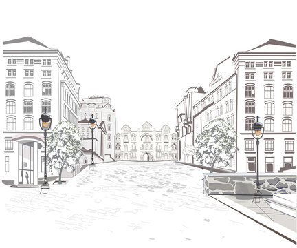 Series of street views in the old city. Hand drawn vector architectural background with historic buildings.