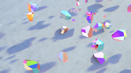 Trendy magic abstract holographic geometric crystals. Minimal quartz, stone, gems. Low poly rock background. Natural light. 3d render 