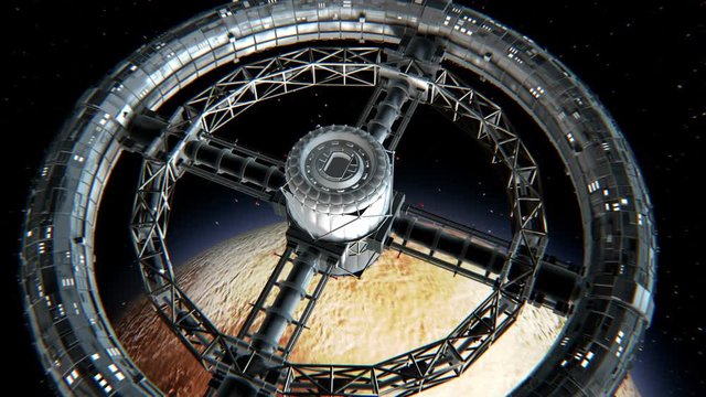 Giant sci-fi torus. Circular space station rotate on Pluto background, 3d animation. Texture of dwarf Planet was created in the graphic editor without photos and other images.
