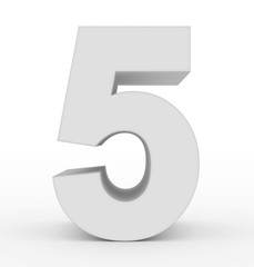 number 5 3d clean white isolated on white