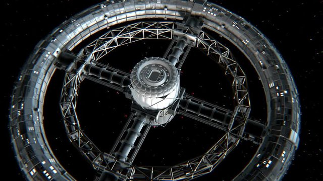 Giant sci-fi torus. Circular space station rotate on stars background, 3d animation.