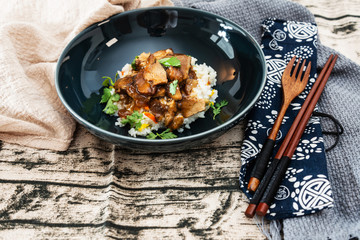 Vietnamese style caramel pork with rice and vegetable