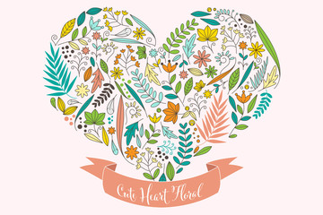 Fototapeta premium Floral heart shape cute design with pink label. Love and nature vector illustration