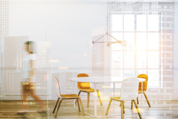White table dining room interior, woman