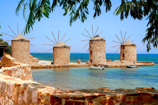 The four windmills on the isle of Chios, Greece.