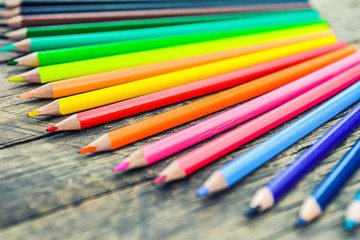 Set of colored pencils. Selective focus