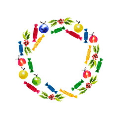 Vector artistic watercolor hand drawn Merry Christmas decoration wreath with candy &holly berry branches isolated on white background. Congratulation design element, card, invitation, banner, package.