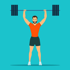 Man doing sports exercises with barbell. Vector flat style illustration