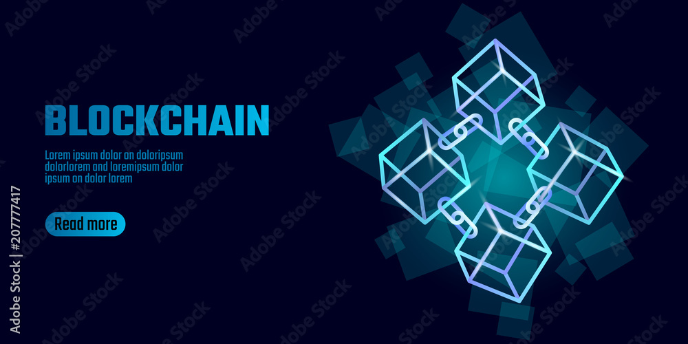 Poster blockchain cube chain symbol on square code big data flow information. blue neon glowing modern tren