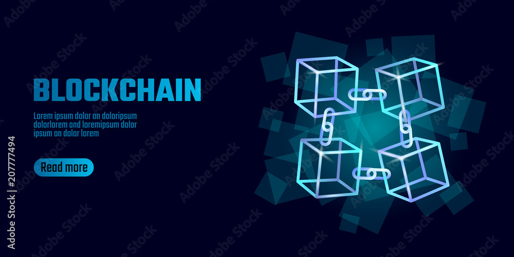 Poster blockchain cube chain symbol on square code big data flow information. blue neon glowing modern tren