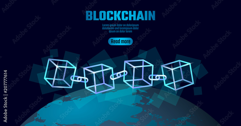 Poster blockchain cube chain symbol on square code big data flow information. blue neon glowing planet eart