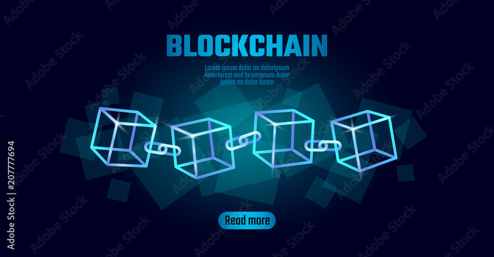 Poster blockchain cube chain symbol on square code big data flow information. blue neon glowing modern tren