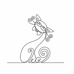 Cat. Continuous line drawing. Funny kitten. White background. Vector