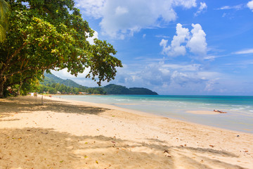 Sea view on bright blue beach from tropical. clouds on horizon and some storm clouds. Outdoor travel style. Koh Chang in THAILAND