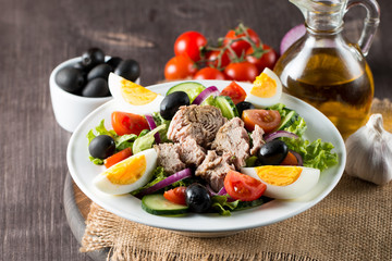 Fresh fish tuna salad made of tomato, ruccola, tuna, eggs, arugula, crackers and spices. Caesar salad in a white bowl on wooden background