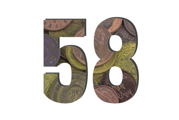 58 Number. Different worlds coins texture. Percent and Discount theme. White isolated