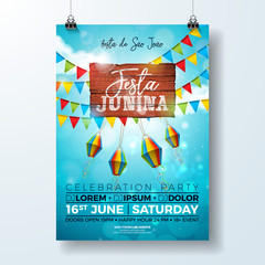 Festa Junina Party Flyer Illustration with typography design on vintage wood board. Flags and Paper Lantern on Blue Sky Background. Vector Brazil June Festival Design for Invitation or Holiday - obrazy, fototapety, plakaty