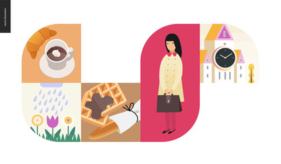 Simple things - color set - flat cartoon vector illustration of croissant, coffee, blooming flowers, waffles with chocolate, long loaf, bread, school girl, tower with clock - colour composition