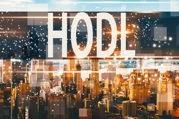 Hodl with aerial view of Manhattan, NY skyline