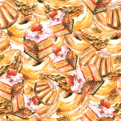 Seamless vintage pattern with watercolor. Vintage drawing - cakes, desserts, Piece, cake, biscuit, cream,strawberry cake, donut, puff, sweetness. Done in hand-made graphics with watercolors. 