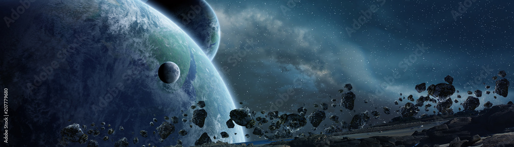 Poster panoramic view of planets in distant solar system 3d rendering elements of this image furnished by n