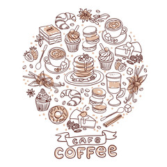 Beautiful hand drawn vector illustration coffee and sweets. 