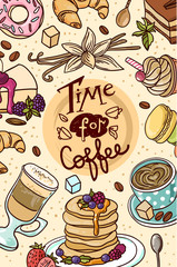 Beautiful hand drawn vector illustration coffee and sweets. 