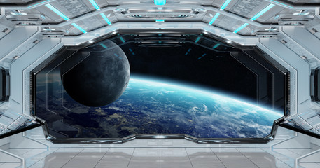 White clean spaceship interior with view on planet Earth 3D rendering © sdecoret
