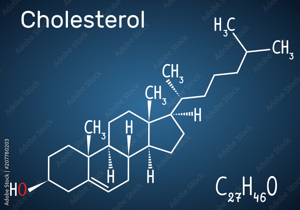 Canvas Prints Cholesterol molecule. Structural chemical formula and molecule model on the dark blue background