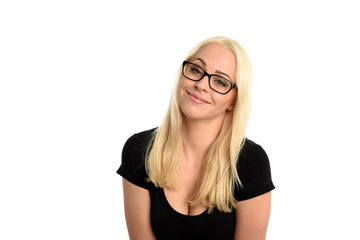 portrait of pretty blonde girl wearing glasses and black shirt. isolated on white background.