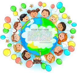 Obraz na płótnie Canvas Cute kids different nationalities hold Earth balloons around and place for your text