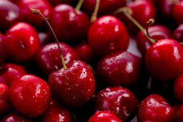 Cherries with water drops header. Macro berries shot with copy space