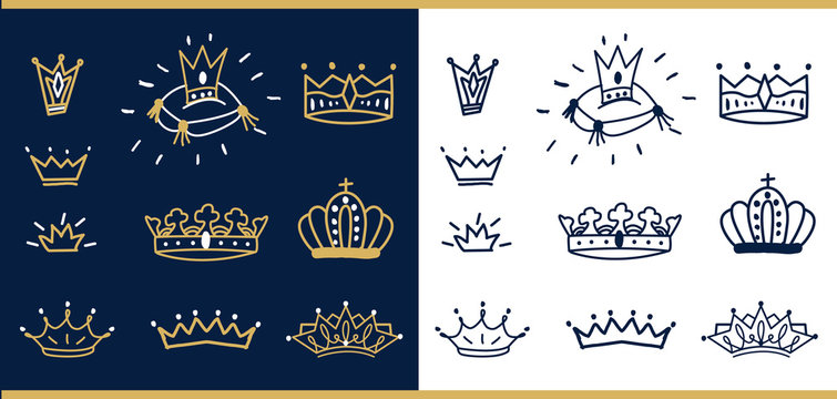 Set of vector hand drawn crowns. Doodle illustrations with chalk texture. Elegant line hand drawn sketch. Symbol of royal family (little prince, princess, queen, king) Collection of outline corons