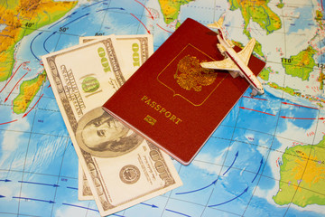 Fototapeta na wymiar Foreign passport on the map
