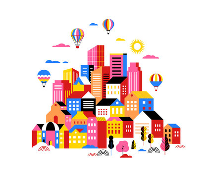 City landscape, geometric urban scene, smart city concept illustration and banner