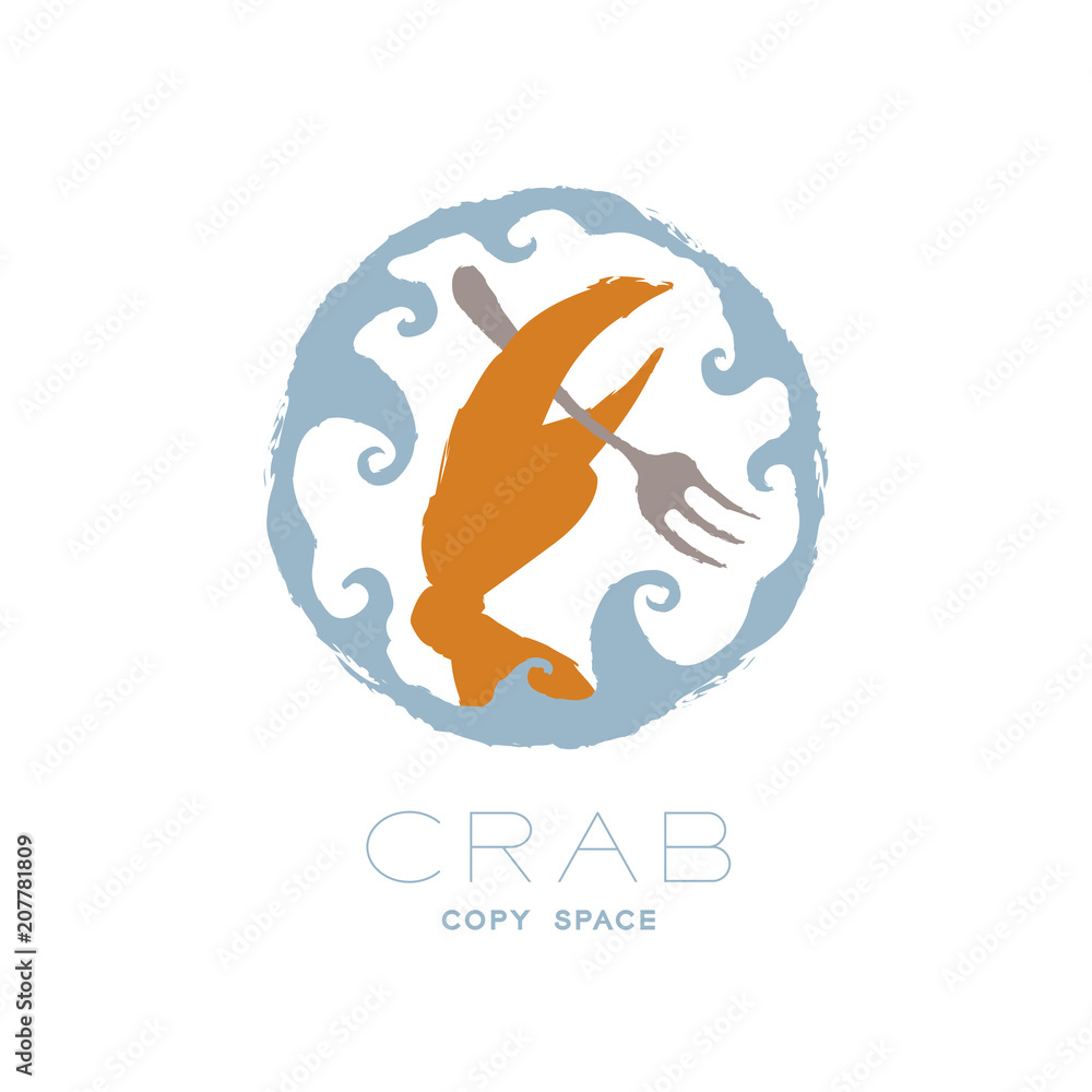 Poster crab claw holding fork in wave frame circle shape, logo icon set brush design orange color illustrat