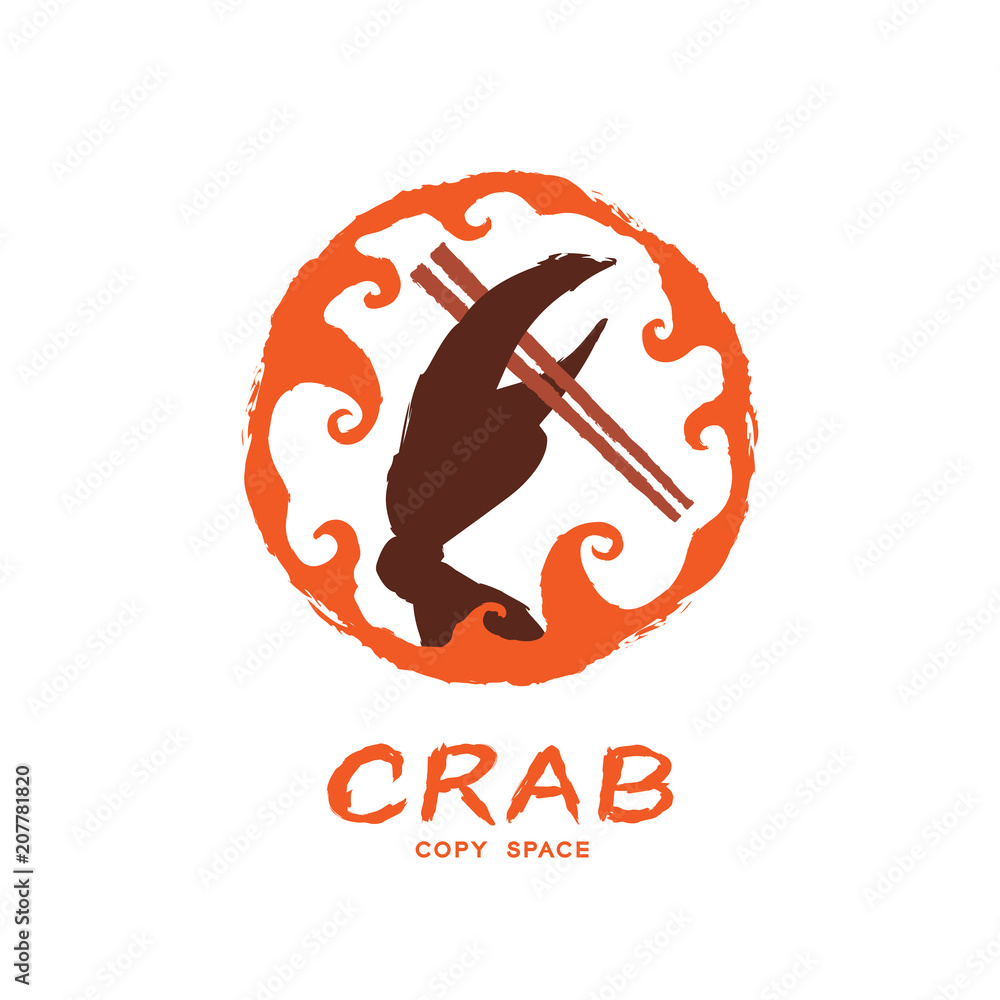 Poster crab claw holding chopsticks in wave frame circle shape, logo icon set brush design orange color ill