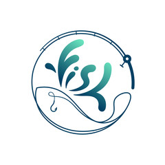 Fish made from Fishing rod frame circle shape, logo icon set design green and dark blue gradient color illustration isolated on white background with Fish text water splash style and copy space