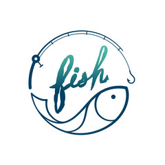 Fish in Fishing rod frame circle shape, logo icon set design green and dark blue gradient color illustration isolated on white background with Fish text brush style and copy space