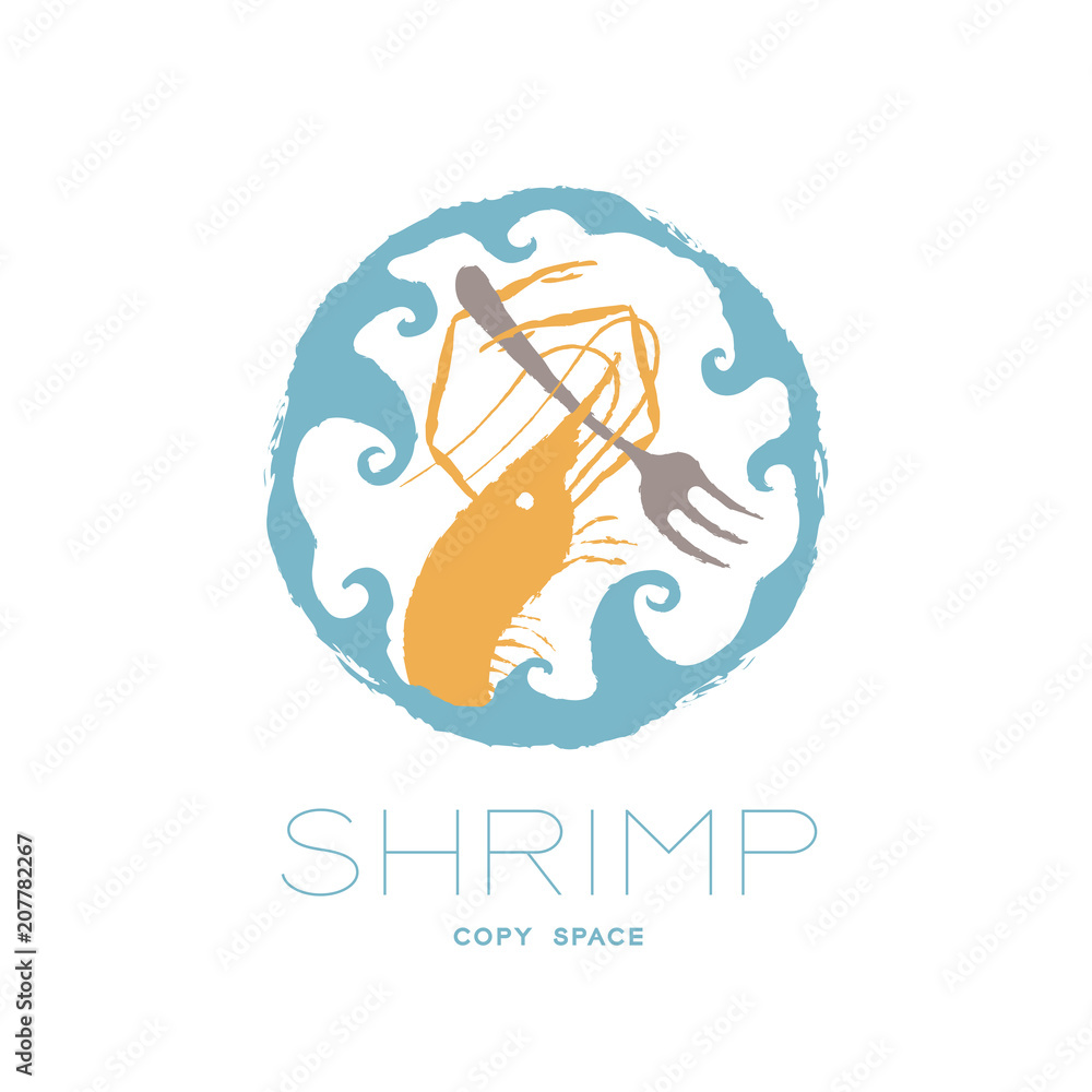 Poster prawn holding fork in wave frame circle shape, logo icon set brush design orange color illustration 
