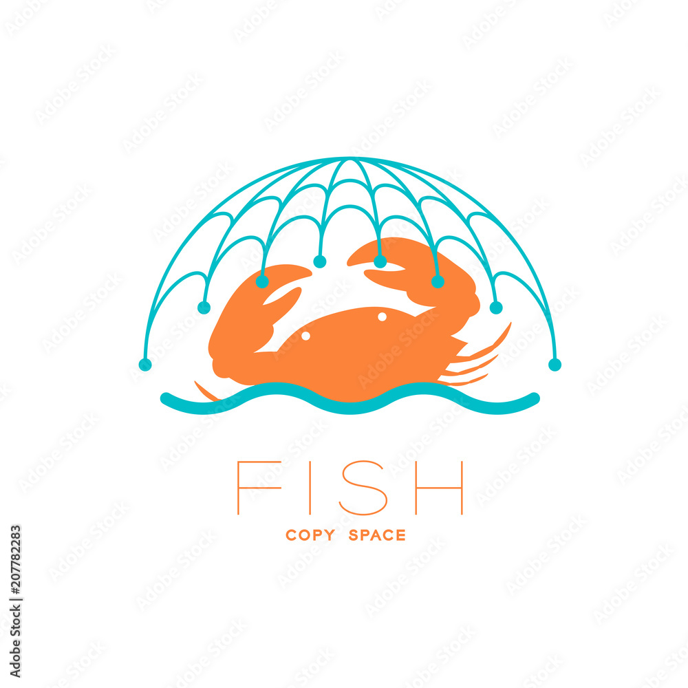 Poster crab and sea in fishing net curve frame, logo icon set design illustration isolated on white backgro