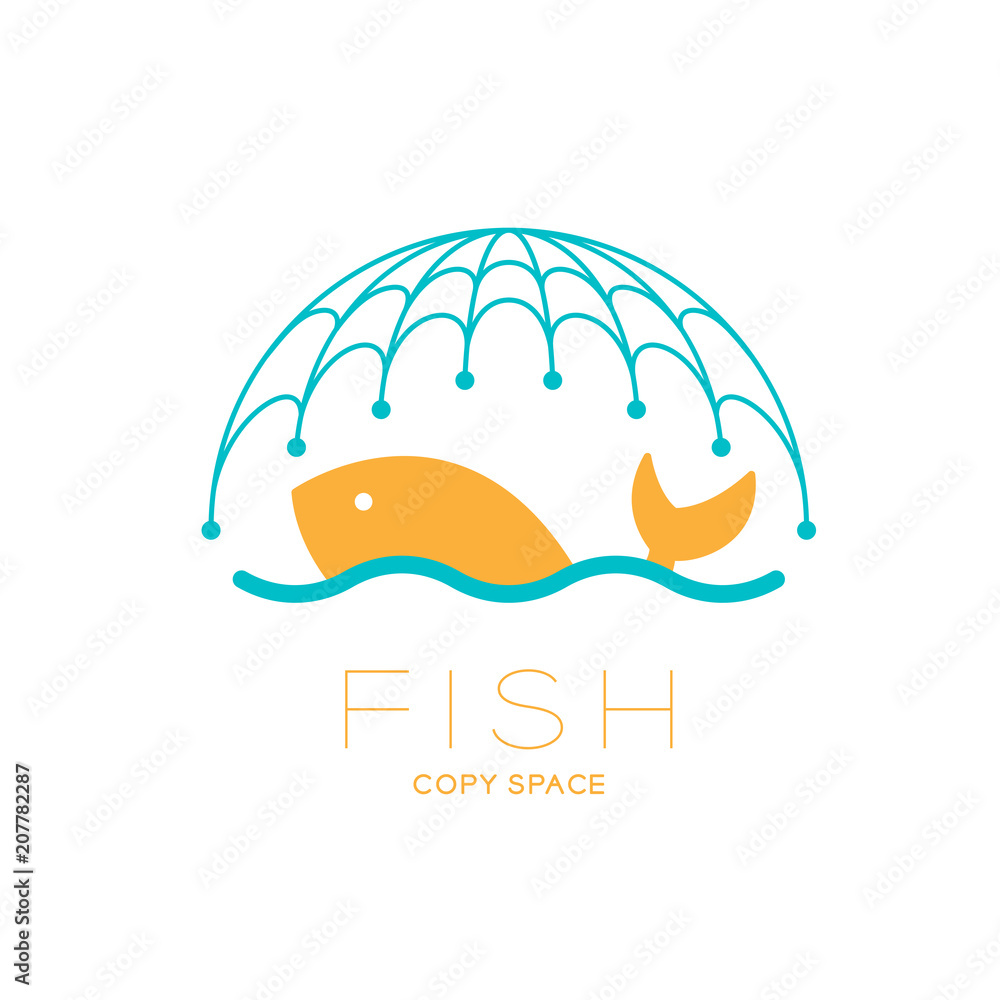 Poster fish and sea in fishing net curve frame, logo icon set design illustration isolated on white backgro