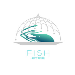 Prawn and plate in Fishing net curve frame food cover shape, logo icon set design illustration isolated on white background with Fish text and copy space