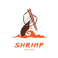 Prawn holding chopsticks in wave frame circle shape, logo icon set brush design orange color illustration isolated on white background with Crab text and copy space